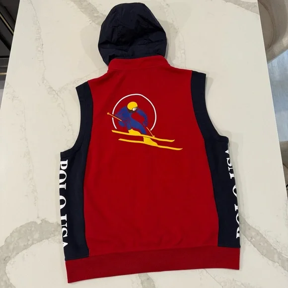 Polo Ralph Lauren Downhill Skier Double Knit Hooded Vest Cookie Men’s Large Red - Picture 10 of 11